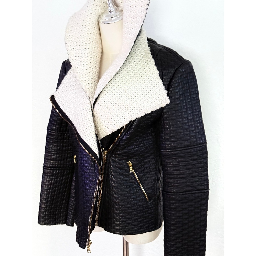 Alice + Olivia Textured Moto Jacket Black Cream Knit Removable Hood Size S